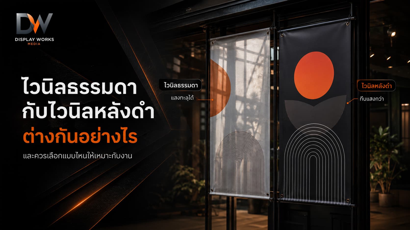 เปรียบเทียบความแตกต่างระหว่างป้ายไวนิลธรรมดากับไวนิลหลังดำเมื่อมีแสงส่องผ่าน โดย Display Works Media