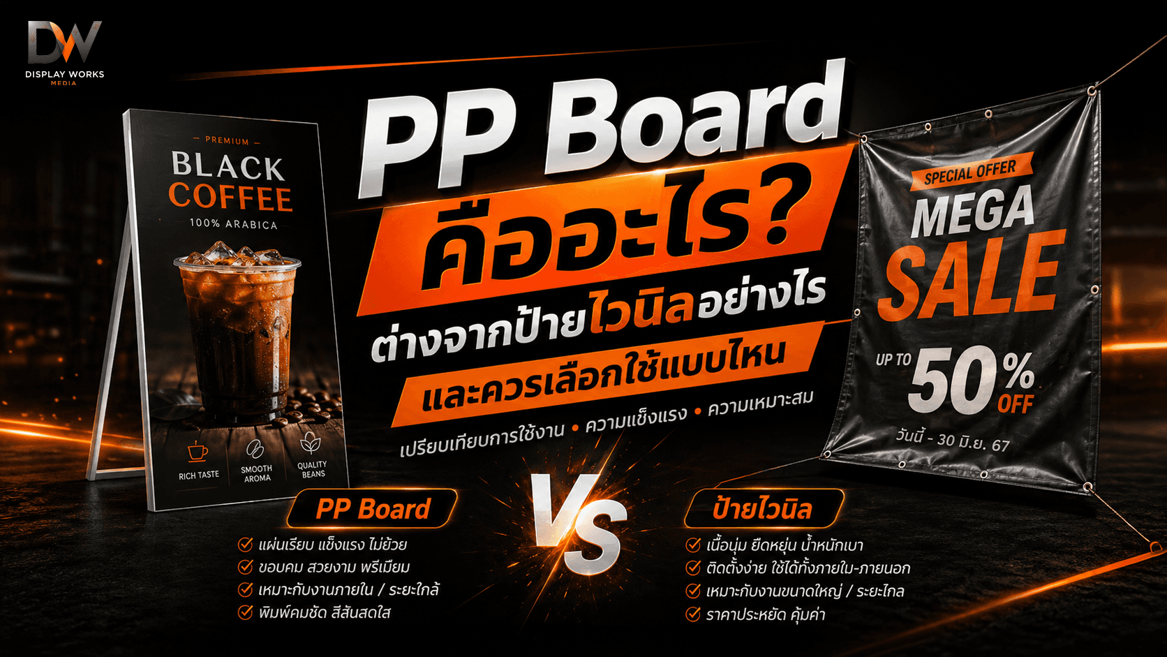 เปรียบเทียบความแตกต่างระหว่างป้าย PP Board แผ่นเรียบแข็ง กับป้ายไวนิลผ้าใบ เพื่อเลือกใช้ให้เหมาะกับงานเมนู โปรโมชั่น และอีเวนต์