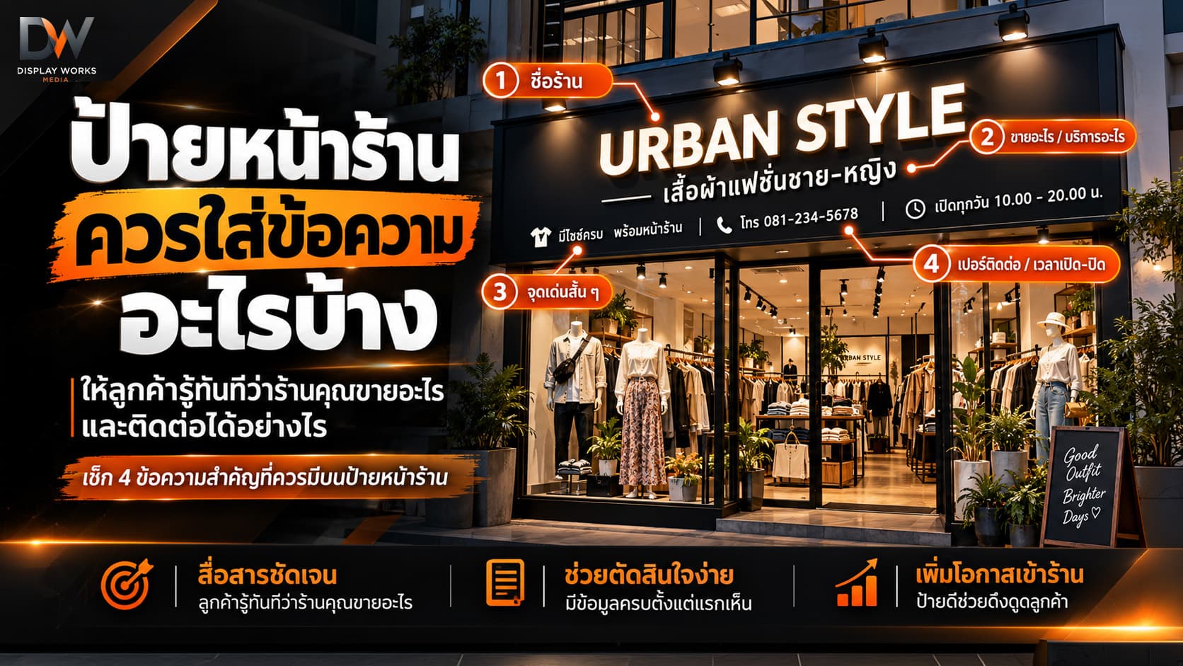 ป้ายหน้าร้านควรใส่ข้อความอะไรบ้าง การจัดลำดับข้อมูลชื่อร้านและสินค้าหลัก Display Works Media