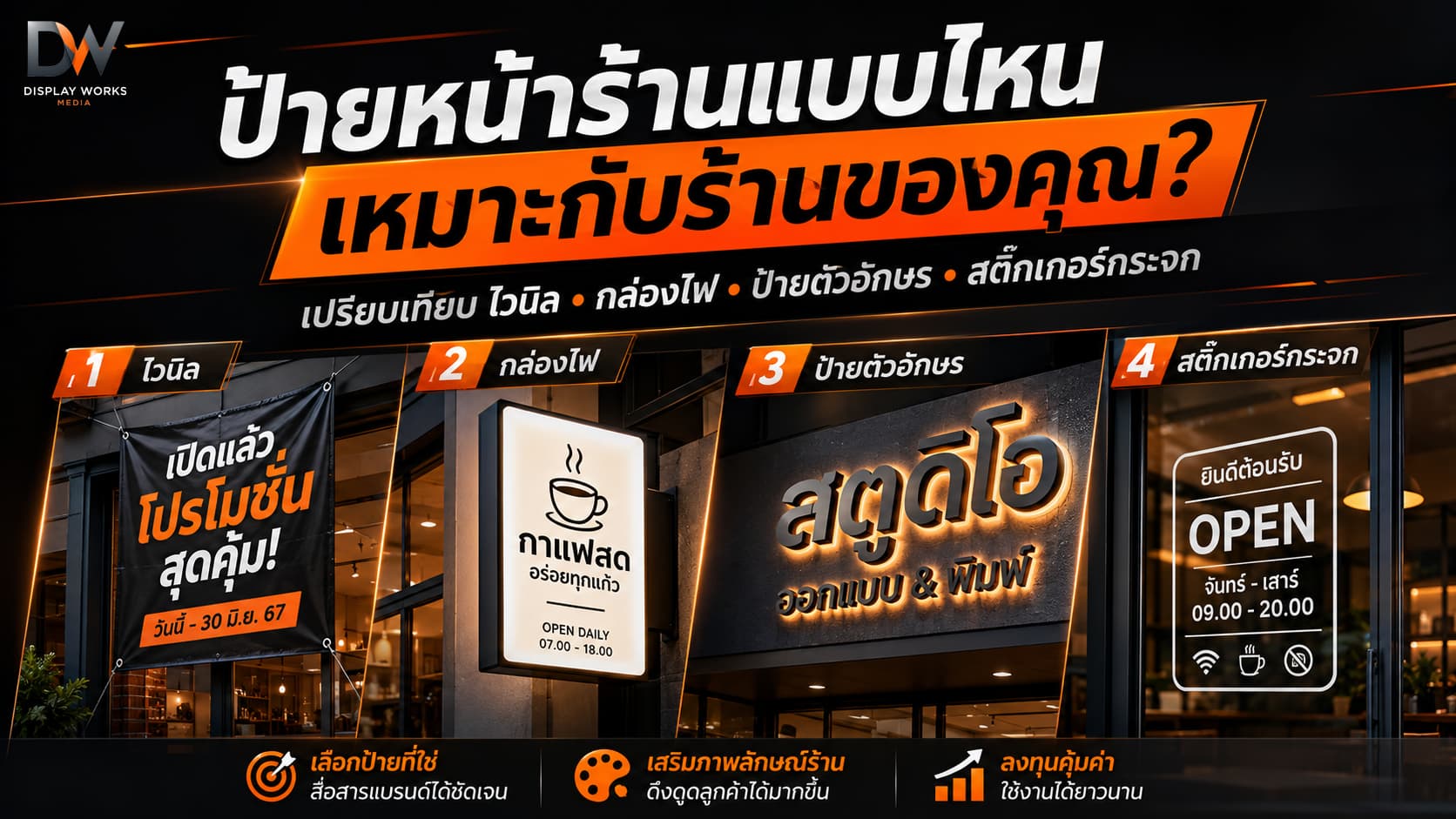 เปรียบเทียบป้ายหน้าร้าน 4 แบบยอดนิยม ป้ายไวนิล ป้ายกล่องไฟ ป้ายตัวอักษร 3 มิติ และสติ๊กเกอร์ติดกระจก สำหรับร้านค้าและธุรกิจ